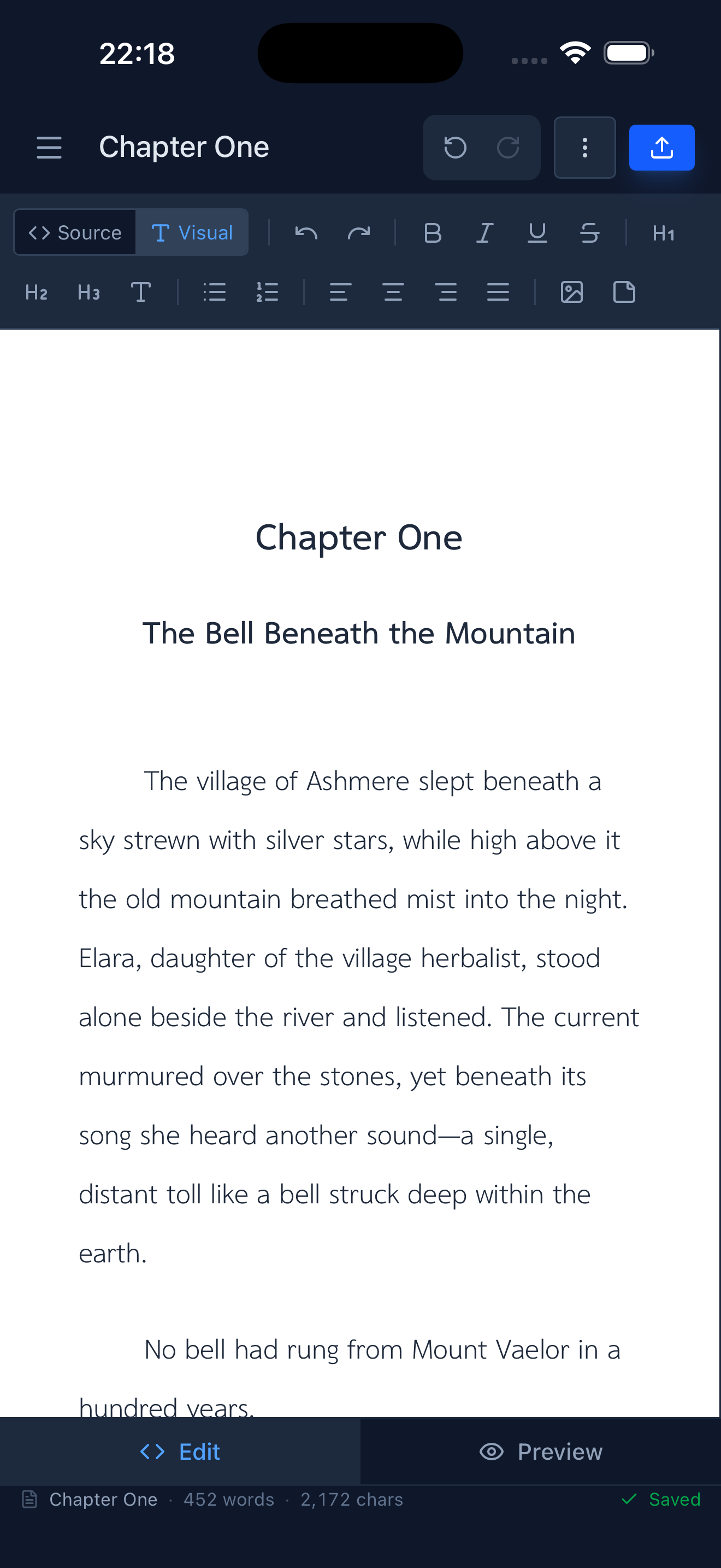EpubCraft visual editor showing the same chapter as formatted text on iPhone