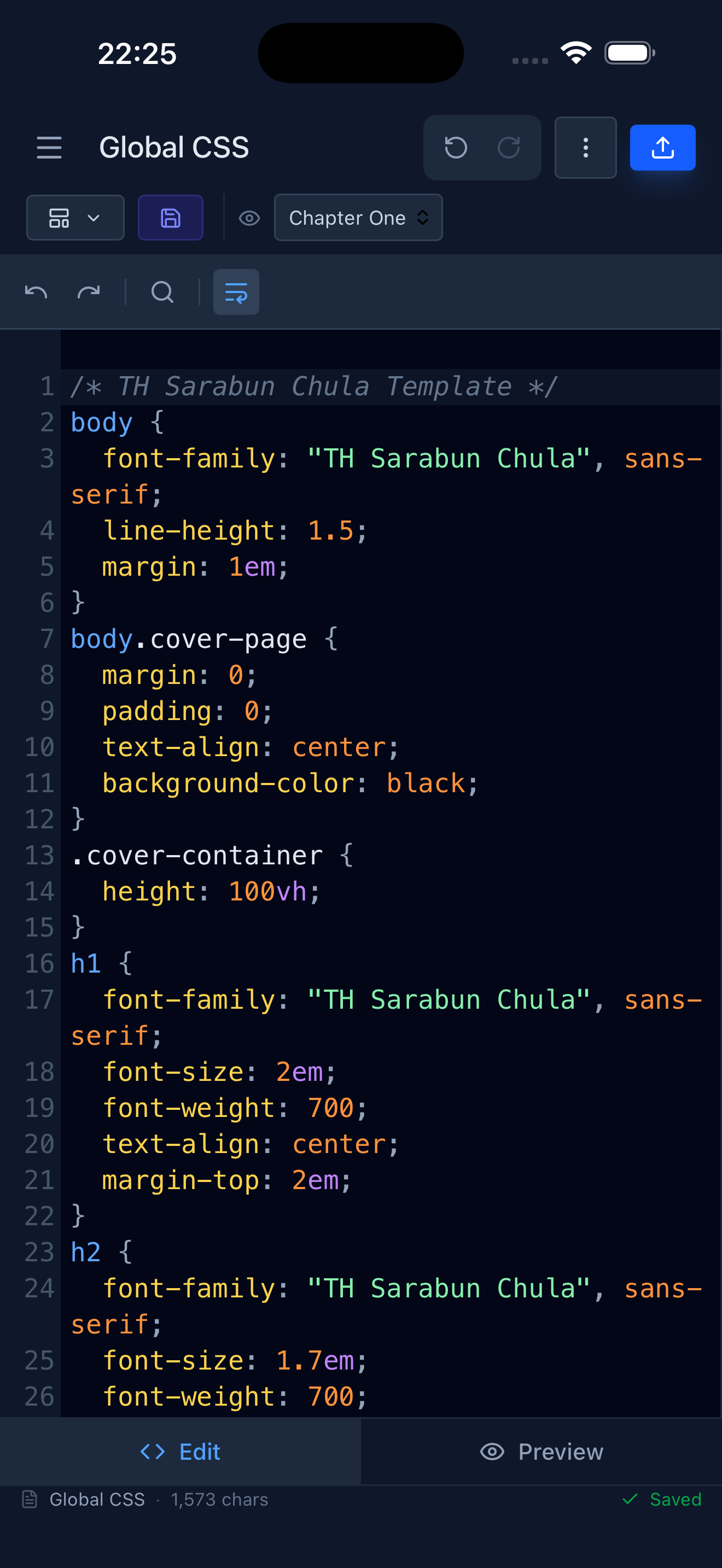 Global CSS editor in EpubCraft showing a Thai Sarabun book template