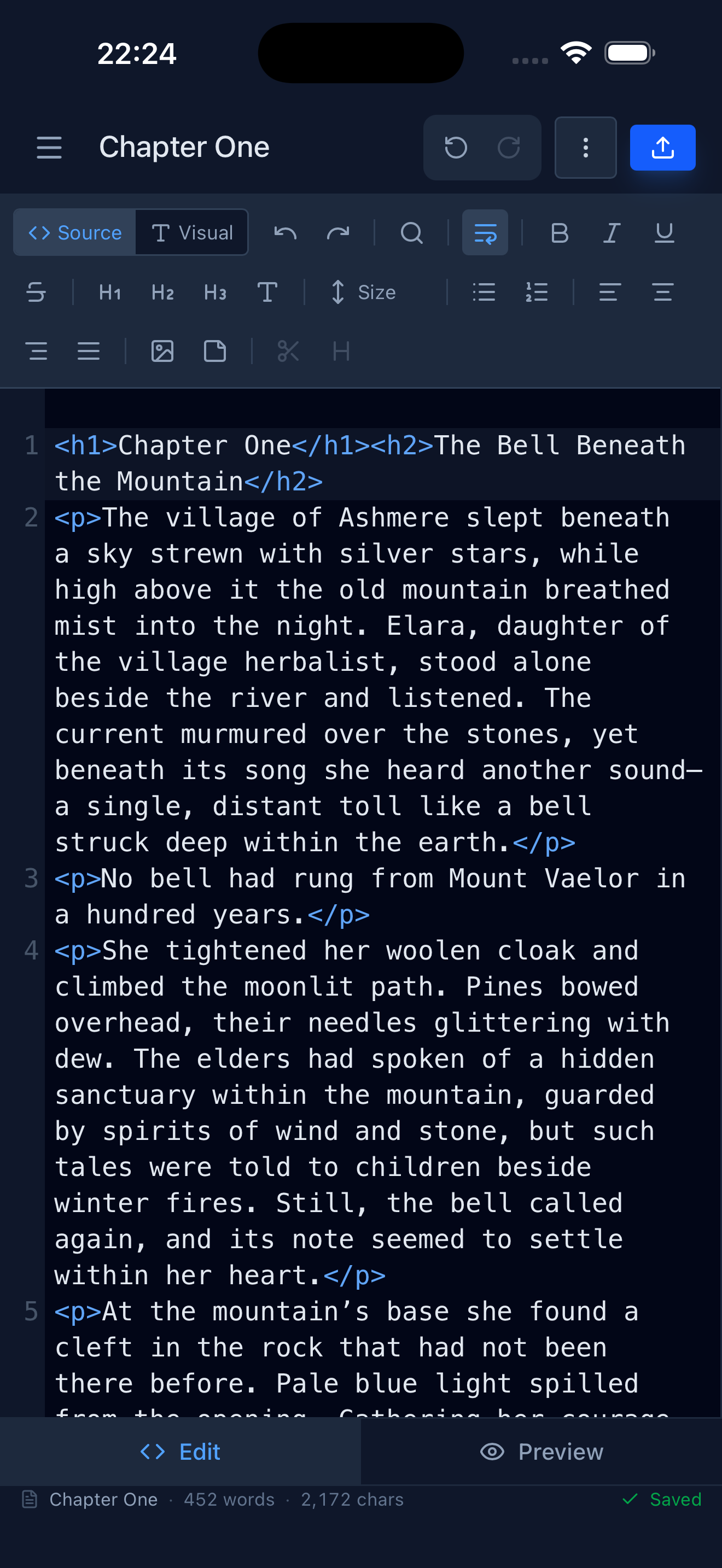 EpubCraft source editor showing syntax-highlighted chapter HTML on iPhone