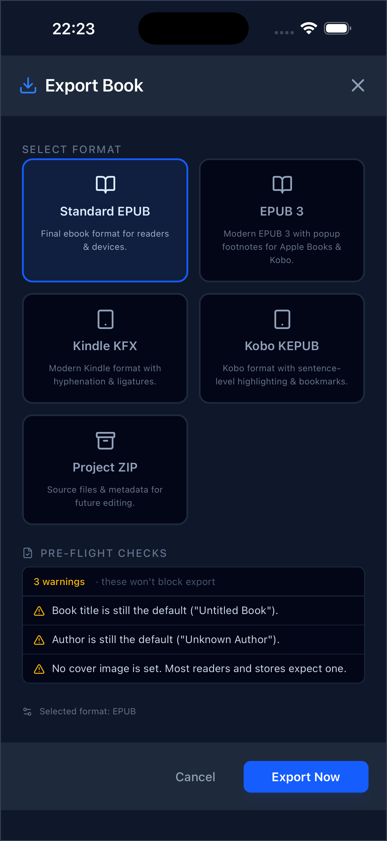EpubCraft export sheet with Standard EPUB, EPUB 3, Kindle KFX, Kobo KEPUB, and Project ZIP formats