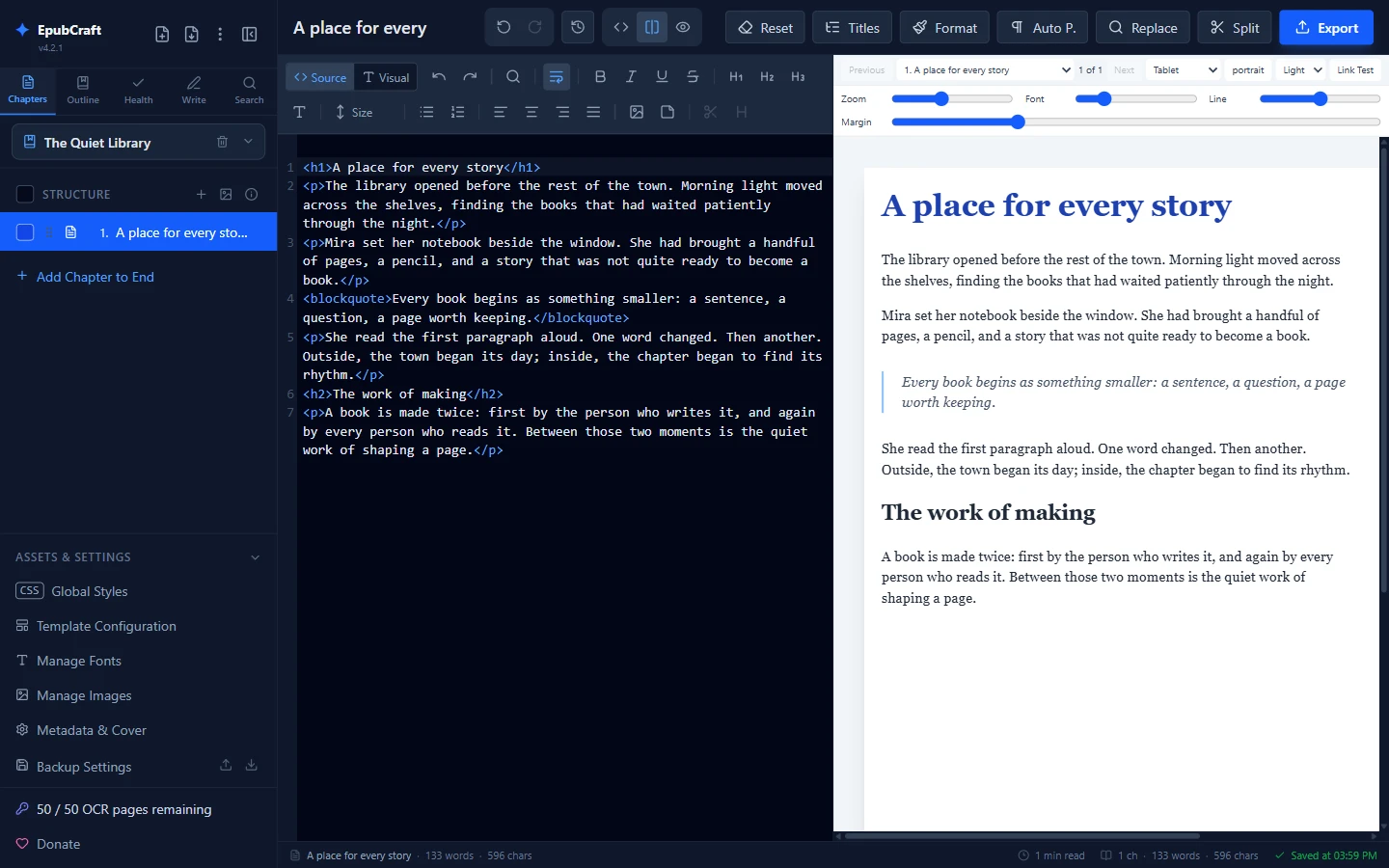 หน้าจอแก้ไขหนังสือจริงของ EpubCraft บน Windows แสดงบทหนังสือ พื้นที่แก้ไข และตัวอย่างหน้าหนังสือในหน้าต่างเดียว